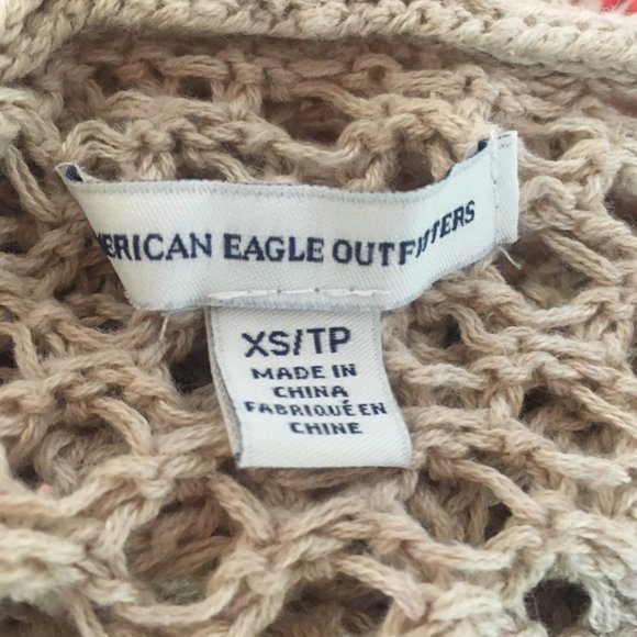 American Eagle Coral Beige Crochet Open Knit Hooded Long Sweater Y2K XS Fairy - Picture 10 of 10